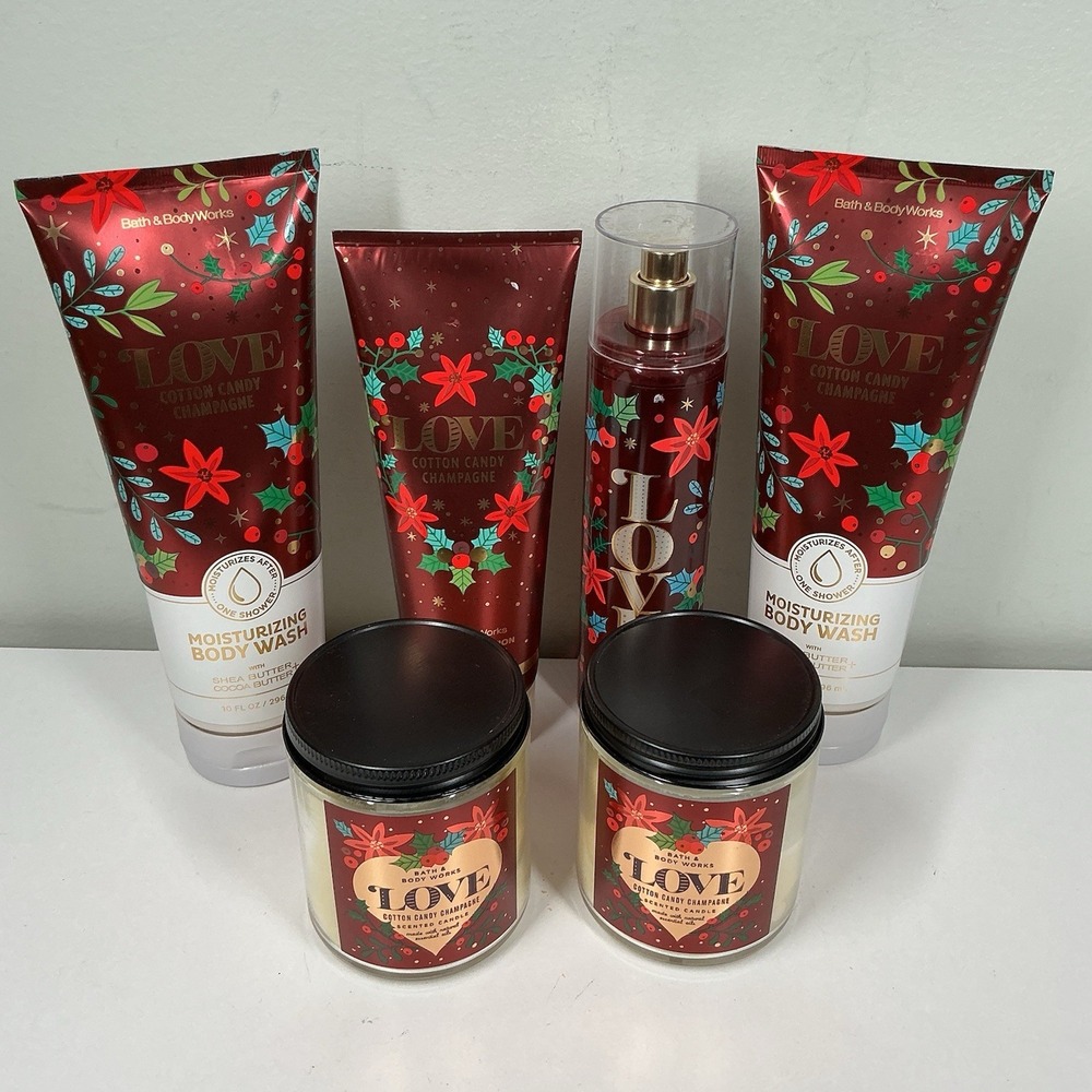 Bath and Body Works 6pc LOVE Cotton Candy Champagne Candle‎ Mist Wash Cream RARE